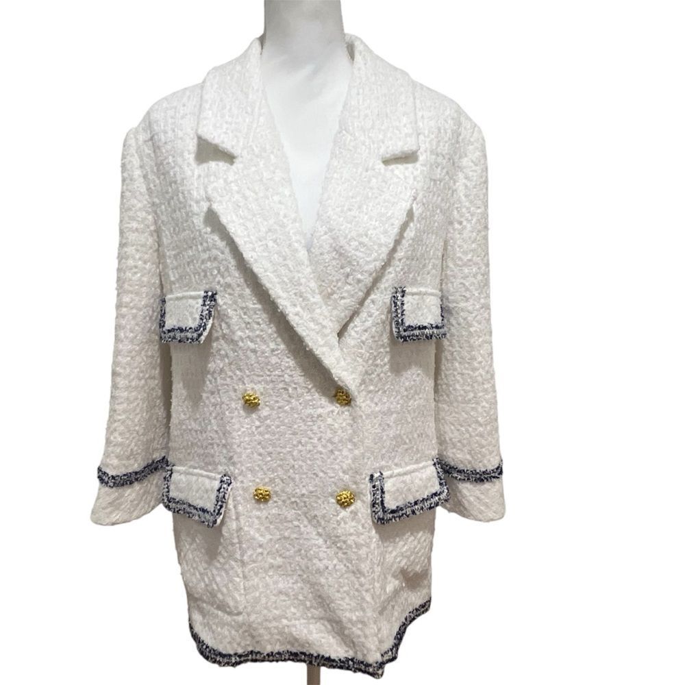 NWOT Endless Rose white and blue tweed jacket with gold hardware size medium